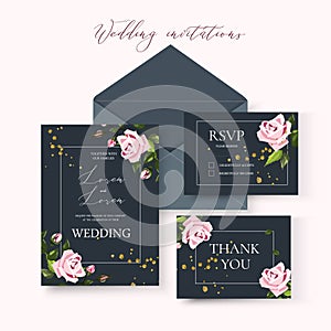 Wedding floral invitation card save the date design with pale pink flowers roses