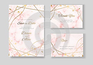 Wedding floral invitation gold lines. Pink marble background. Pastel shades. Save the date, thanks. Card design for