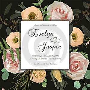 Wedding floral invitation, invite card. Vector with flower and leaves pattern background. Pink rose flowers, eustoma cream, brunia
