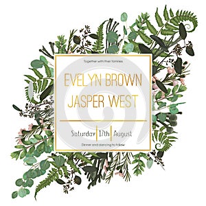 Wedding floral invitation, invite card. Vector watercolor green forest leaf, fern, brunia, branches boxwood, buxus, eucalyptus and