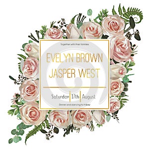Wedding floral invitation, invite card. Vector watercolor green forest leaf, fern, brunia, branches boxwood, buxus, eucalyptus,