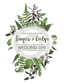 Wedding floral invitation, invite card. Vector watercolor set green forest fern, herbs, eucalyptus, branches boxwood, buxus.