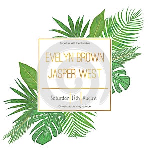 Wedding floral invitation, invite card. Vector watercolor style, tropical palm leaves, monstera, kentia palm