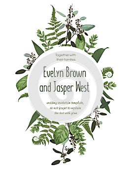 Wedding floral invitation, invite card. Vector watercolorgreen forest leaf, fern, branches boxwood, buxus, eucalyptus. Natura,