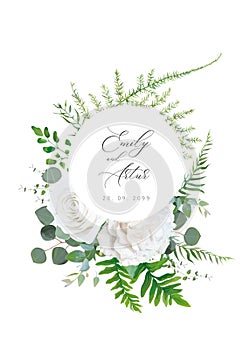 Wedding floral invitation, invite, save the date, greeting card. Vector floral bouquet design: white peony Rose flower, Eucalyptus