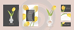 Wedding floral invitation. Modern tulip flower Save the Date set. Vector minimal spring card