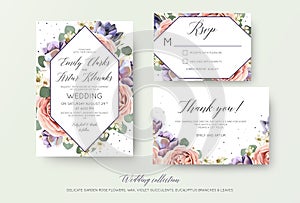 Wedding floral invitation, rsvp, thank you card elegant botanical design with lavender pink garden rose flowers, violet succulent