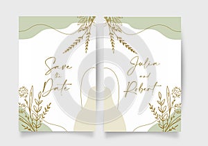 Wedding floral invitation thank you modern card: rosemary, eucalyptus branches on white marble texture with golden geometric patte