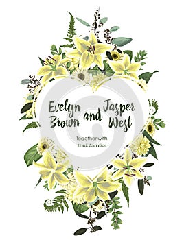 Wedding floral invite card. Vector watercolor green forest leaf, fern, branches boxwood, buxus, eucalyptus. Flowers of yellow,