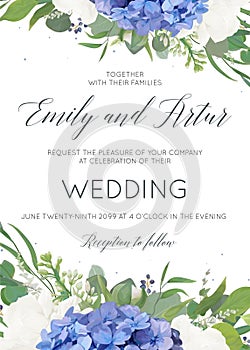 Wedding floral invite, invitation, card design with elegant bouquet of blue hydrangea flowers, white garden roses, green eucalyptu