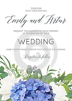 Wedding floral invite, invitation, card design with elegant bouquet of blue hydrangea flowers, white garden roses, green eucalyptu photo