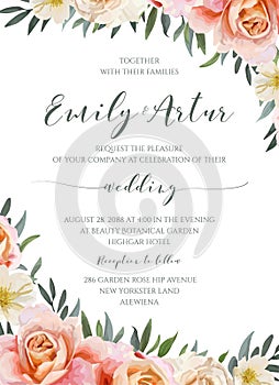 Wedding floral invite, invitation carddesign with garden pink p