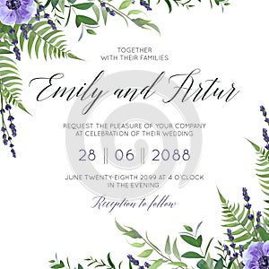 Wedding floral invite, invitation save the date card design with watercolor lavender blossom, violet anemone flowers, forest gree photo