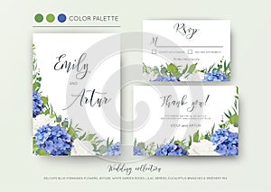 Wedding floral invite, invitation, save the date, thank you, rsvp, card design with elegant, blue hydrangea flowers, white garden