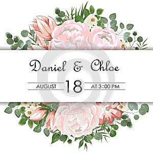 Wedding floral invite, invtation, save the date card design. Watercolor blush pink roses, cute white garden peony flowers, green