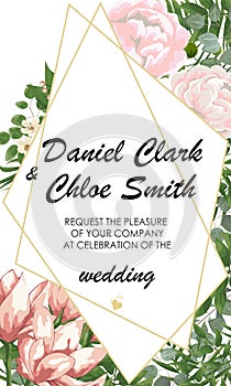 Wedding floral invite, invtation, save the date card design. Watercolor blush pink roses, cute white garden peony flowers, green