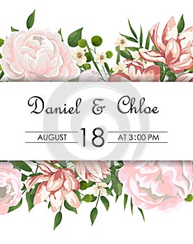 Wedding floral invite, invtation, save the date card design. Watercolor blush pink roses, cute white garden peony flowers, green