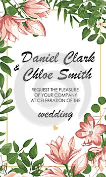 Wedding floral invite, invtation, save the date card design. Watercolor blush pink roses, cute white garden peony flowers, green
