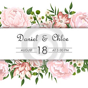 Wedding floral invite, invtation, save the date card design. Watercolor blush pink roses, cute white garden peony flowers, green