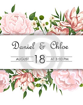 Wedding floral invite, invtation, save the date card design. Watercolor blush pink roses, cute white garden peony flowers, green