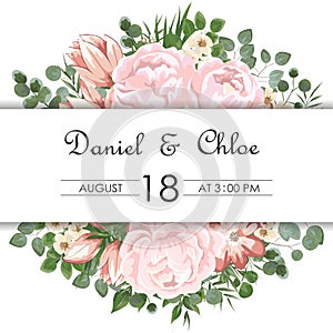 Wedding floral invite, invtation, save the date card design. Watercolor blush pink roses, cute white garden peony flowers, green