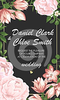 Wedding floral invite, invtation, save the date card design. Watercolor blush pink roses, cute white garden peony flowers, green