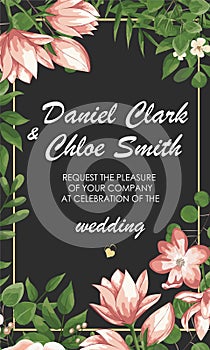 Wedding floral invite, invtation, save the date card design. Watercolor blush pink roses, cute white garden peony flowers, green