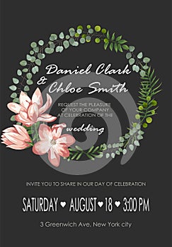 Wedding floral invite, invtation, save the date card design. Watercolor blush pink roses, cute white garden peony flowers, green