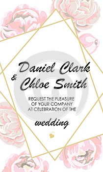 Wedding floral invite, invtation, save the date card design. Watercolor blush pink roses, cute white garden peony flowers, green