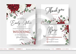 Wedding floral invite, save the date, thank you, rsvp card design with red and white garden rose flowers, seeded eucalyptus photo