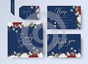 Wedding floral invite, thank you, rsvp card design set with red