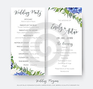 Wedding floral wedding party & ceremony program card design with elegant blue hydrangea flowers, white garden roses, green eucalyp