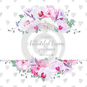 Wedding floral vector design horizontal card. Pink and white peony, purple orchid, hydrangea, violet campanula flowers frame