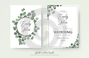 Wedding floral watercolor style double invite, invitation, save the date card design with cute Eucalyptus tree branches with green photo