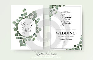 Wedding floral watercolor style double invite, invitation, save the date card design with cute Eucalyptus tree branches with green