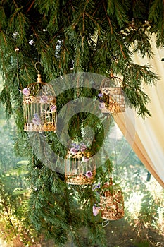 Wedding floristry.Eco style.Branches ate with golden cages and flowers. Arch of branches.