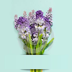 Wedding Flower Bouquet Decoration on Blue Background with Ribbo