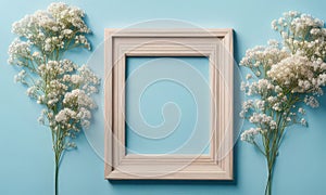 Wedding flower frame on blue background from above. Beautiful floral pattern. Flat lay style.