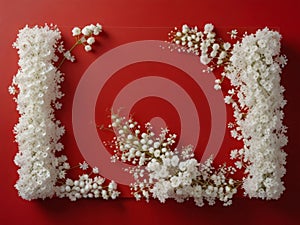 Wedding flower frame on blue background from above. Beautiful floral pattern. Flat lay style.