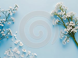 Wedding flower frame on blue background from above. Beautiful floral pattern. Flat lay style.