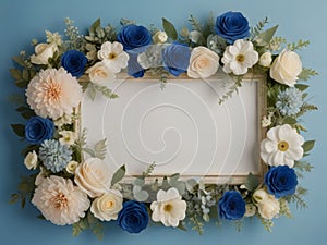 Wedding flower frame on blue background from above. Beautiful floral pattern. Flat lay style.