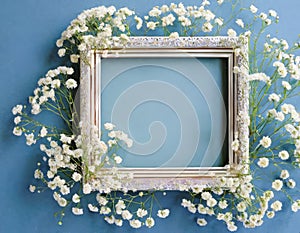 Wedding flower frame on blue background from above. Beautiful floral pattern. Flat lay style.