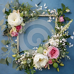 Wedding flower frame on blue background from above. Beautiful floral pattern. Flat lay style.