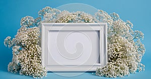 Wedding flower frame on blue background from above. Beautiful floral pattern. Flat lay style.