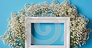 Wedding flower frame on blue background from above. Beautiful floral pattern. Flat lay style.