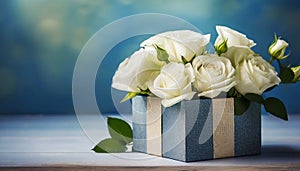 Wedding flowers. Bouquet of white roses in gift box on a blue background with copy space