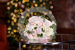 Wedding flowers, bridal bouquet close-up. Ornament of roses and ornamental plants, close-up, selective focus, nobody, objects