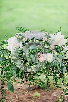 Wedding flowers decoration, outdoor, fine art.