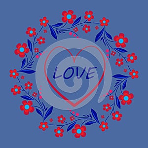 Wedding flowers frame on blue background. Delicate spring bouquet of flowers. Red blue summer mandala in rustic style.