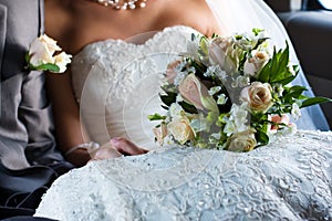 Wedding flowers inside the limousine